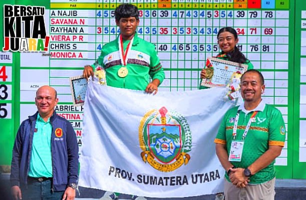 Nomor Campuran (Mixed Foursome) Cabang Olahraga (Cabor) Golf Sumatera Utara (Sumut) dengan atlet Rayhan Latif / Viera Rosada menambah satu Medali Emas untuk provinsi itu di Pekan Olahraga Nasional (PON) XXI Aceh-Sumut 2024. (seputaranindonesia.com/Istimewa)