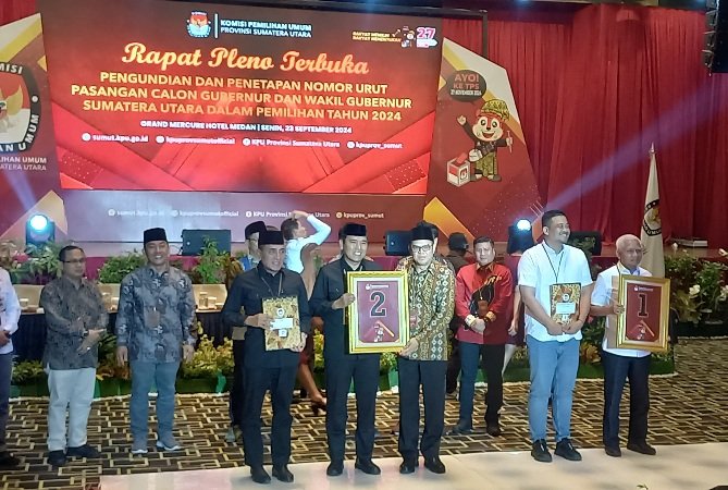 KPU Sumut menggelar pengundian dan penetapan nomor urut dua pasangan Calon Gubernur dan Wakil Gubernur Sumut dalam Pemilihan Tahun 2024.(seputaranindonesia.com/Ismail)