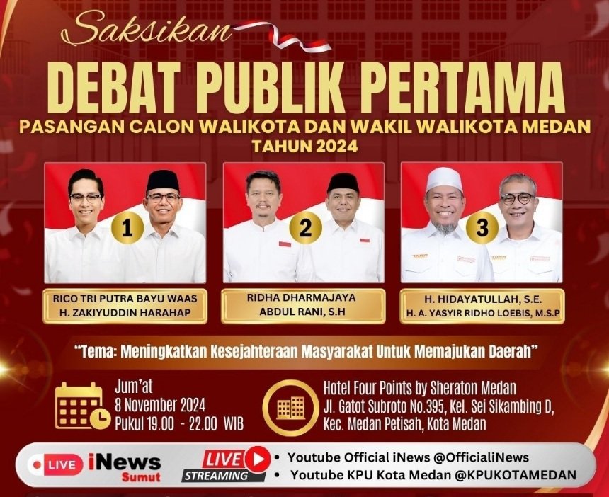 Pengumuman Debat Pertama yang digelar KPU Medan Besok, Jumat (8/11/2024) di Four Point by Sheraton Medan. (kpumedan)