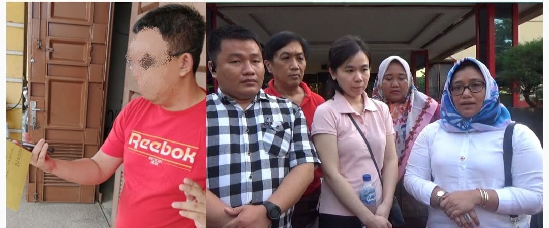 Foto sebelah kiri adalah R Terlapor mengenakan kaos merah (Suami Sherly). (seputaranindonesia.com/Foto: ist) dan foto sebelah kanan adalah Sherly (baju pink) bersama Pengacara Sherly, Khilda Handayani, SH., MH (kemeja panjang putih berhijab) serta Sindroigolo Wau, S.H., M.H. (baju kotak-kotak) saat temu pers usai Gelar Perkara Khusus di depan Gedung Ditreskrimum Polda Sumut, Senin (15/07/2024). (seputaranindonesia.com/Foto: ist).